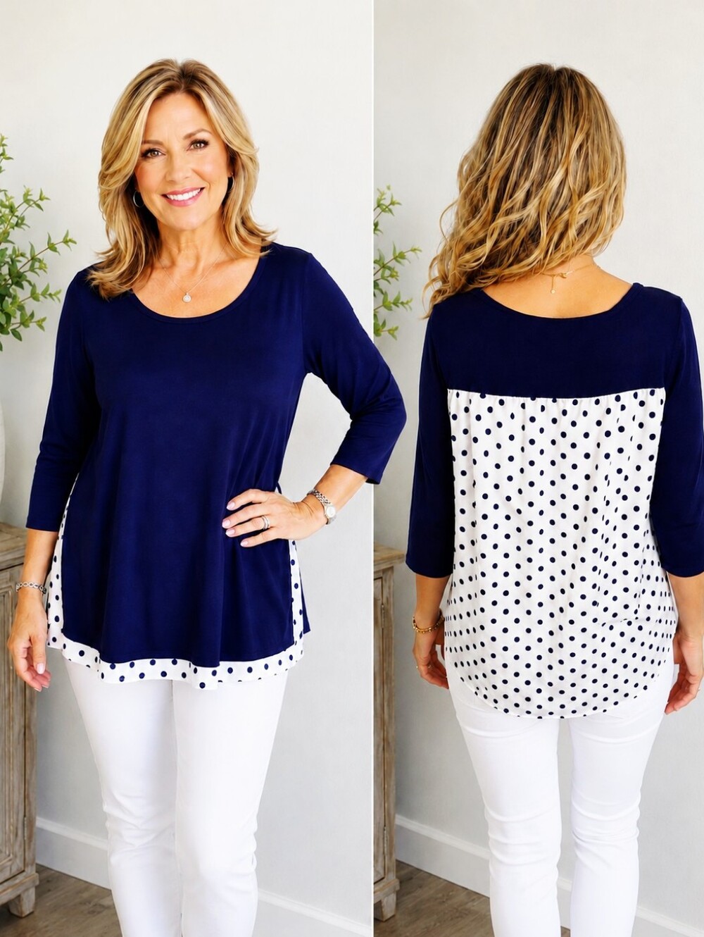 Peck & Peck Navy Blue & White Polka Dot Back Panel Top Layered Look, Sz Large